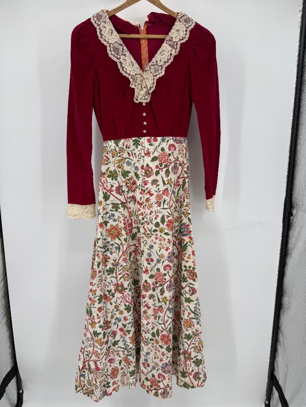 Vintage 70s Handmade Prairie Maxi Dress XS Burgundy Velvet Chintz Floral Lace V.